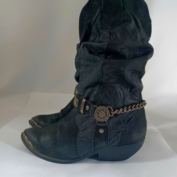 The Leather Collection Shoes - Black Rad Scrunch Boots Cowboy Calf Length Chain and Stud Metal Chain Sun Emblem